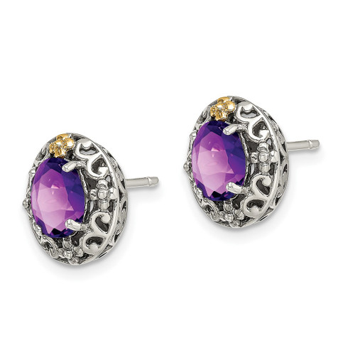 Shey Couture Sterling Silver with 14K Accent Antiqued Oval Amethyst Stud Earrings, 12 mm - View 2