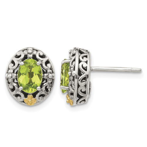 Shey Couture Sterling Silver with 14K Accent Antiqued Oval Peridot Stud Earrings, 12 mm