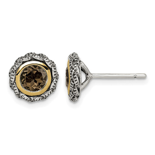 Shey Couture Sterling Silver with 14K Accent Antiqued Round Bezel Smoky Quartz Stud Earrings