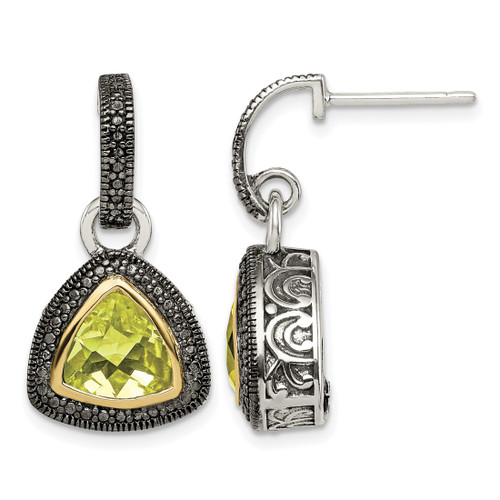 Shey Couture Sterling Silver with 14K Accent Antiqued Trillion Bezel Lemon Quartz Dangle Earrings