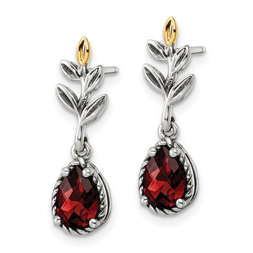 Shey Couture Sterling Silver with 14K Accent 18 Inch Antiqued Leaves Pear Shaped Checkerboard Garnet Leaves Dangle Earrings, 22.27 mm Long - View 2