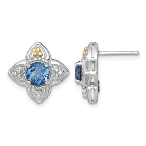 Shey Couture Sterling Silver Rhodium-Plated with 14K Accent Round London Blue Topaz Flower Stud Earrings, 15.25 mm