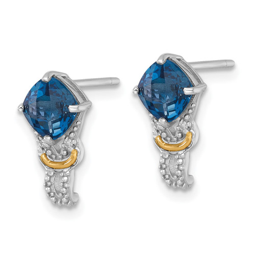 Shey Couture Sterling Silver Rhodium-Plated with 14K Accent Checker-Cut Cushion London Blue Topaz and 0.02ct Diamond Post Drop Earrings, 12.8 mm Long - View 2
