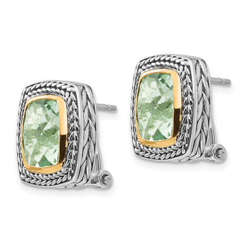 Shey Couture Sterling Silver with 14K Accent Antiqued Cushion Bezel Green Quartz Omega Back Stud Earrings, 15 mm - View 2