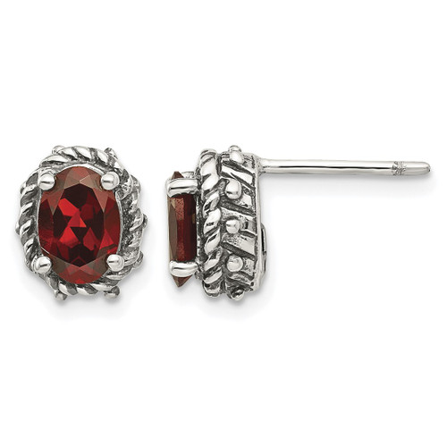 Shey Couture Sterling Silver Antiqued Oval Garnet Stud Earrings, 10 mm