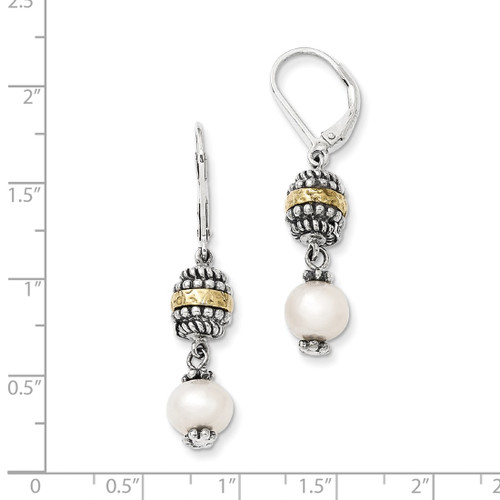 Sterling Silver with 14K Two-Tone Gold 8 mm Cultured Freshwater Pearl Drop Leverback Earrings, 40 mm Long - View 2
