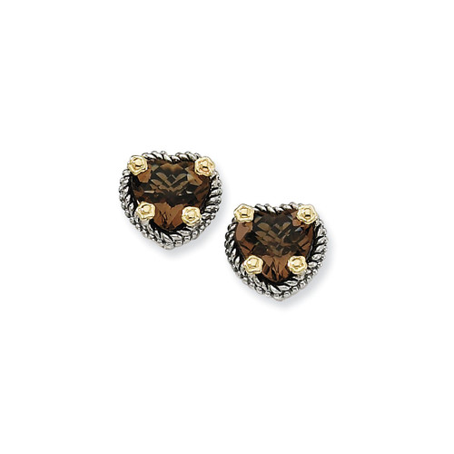 Sterling Silver with 14K Two-Tone Gold Smoky Quartz Stud Earrings, 12 mm