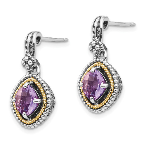 Shey Couture Sterling Silver with 14K Accent Antiqued Cushion Amethyst Post Dangle Earrings, 20 mm - View 2
