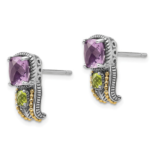 Shey Couture Sterling Silver with 14K Accent Antiqued Cushion 1.50 Amethyst and.24 Peridot Post Drop Earrings, 15 mm - View 2