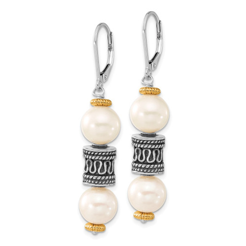 Sterling Silver with 14K Yellow Gold Accent Polished & Antiqued Cultured Freshwater Pearl & Barrel Leverback Dangle Earrings, 49.8 mm Long - View 2