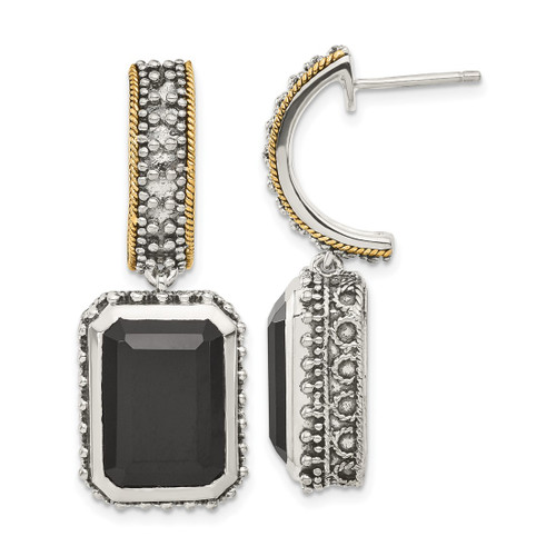Sterling Silver with 14K Two-Tone Gold Accent Antiqued Black Onyx Drop Earrings, 36.5 mm