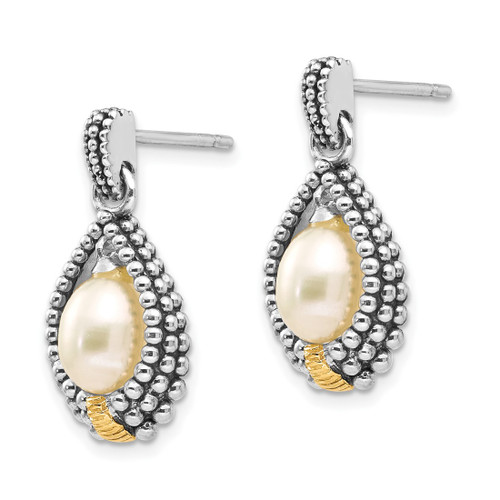 Shey Couture Sterling Silver with 14K Accent Antiqued 7 x 5 mm Cultured Freshwater Pearl Post Drop Earrings, 20 mm Long - View 2