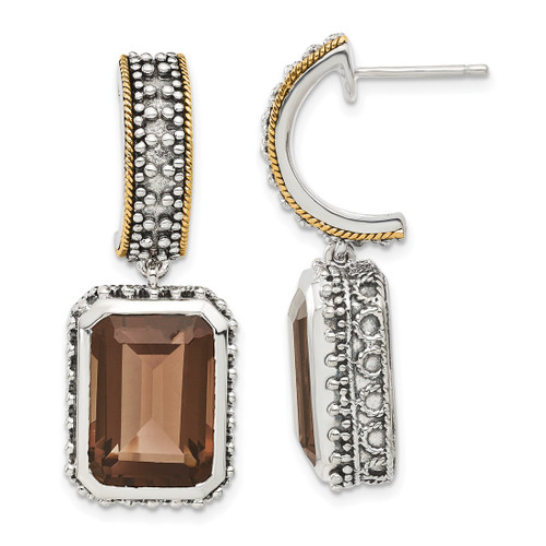 Sterling Silver with 14K Two-Tone Gold Accent Antiqued Smoky Quartz Drop Earrings, 36 mm