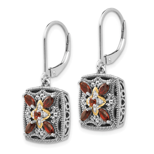Shey Couture Sterling Silver with 14K Accent Antiqued 0.04ct Diamond and Marquise Garnet Leverback Drop Earrings, 29 mm - View 2