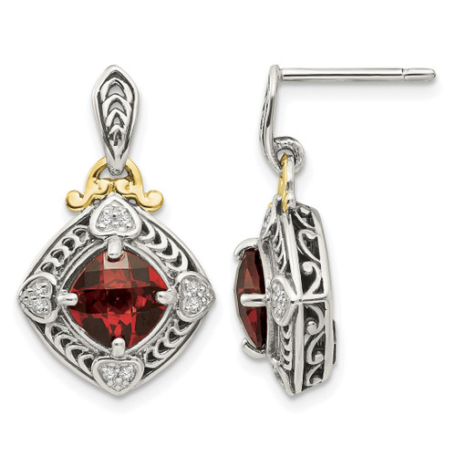 Shey Couture Sterling Silver with 14K Accent Antiqued 0.08ct Diamond and Cushion Garnet Post Dangle Earrings, 22 mm