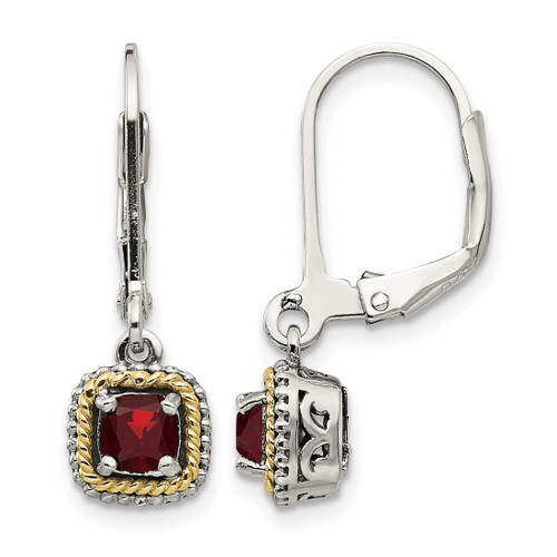 Shey Couture Sterling Silver with 14K Accent Antiqued Cushion Garnet Leverback Drop Earrings, 25 mm