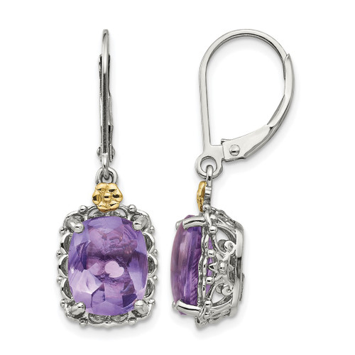Shey Couture Sterling Silver Antiqued with 14K Accent Cushion Amethyst Leverback Dangle Earrings, 32 mm