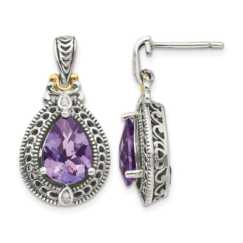 Shey Couture Sterling Silver with 14K Accent Antiqued 0.02ct Diamond and Pear Shaped Amethyst Drop Earrings, 24 mm