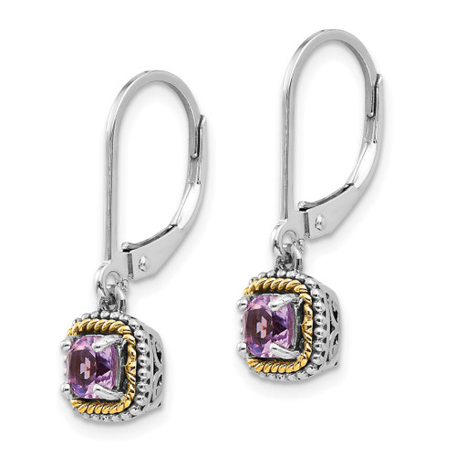 Shey Couture Sterling Silver with 14K Accent Antiqued Cushion Amethyst Leverback Dangle Earrings, 24 mm - View 2