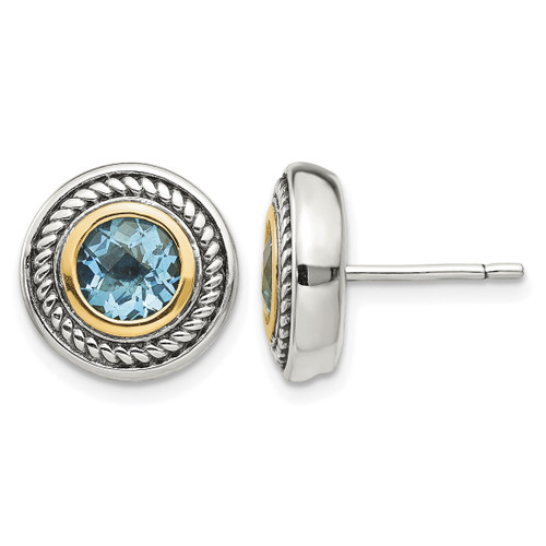 Shey Couture Sterling Silver with 14K Accent Antiqued Round Blue Topaz Stud Earrings, 12 mm