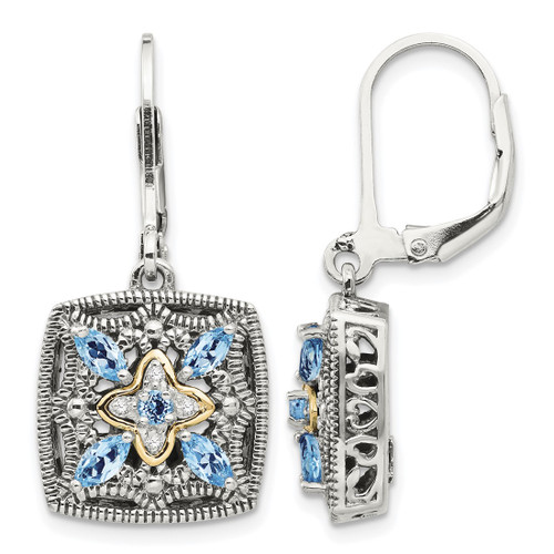 Shey Couture Sterling Silver with 14K Accent Antiqued 0.04ct Diamond and Marquise Blue Topaz Leverback Drop Earrings, 29 mm