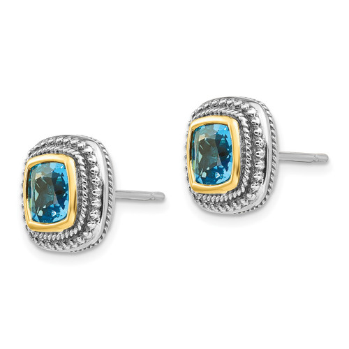 Shey Couture Sterling Silver with 14K Accent Antiqued Cushion Bezel Blue Topaz Stud Earrings, 11 mm - View 2