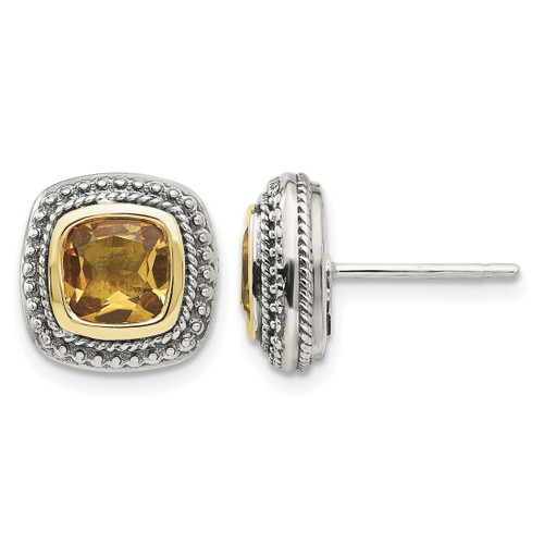 Shey Couture Sterling Silver with 14K Accent Antiqued Cushion Bezel Citrine Stud Earrings, 11 mm