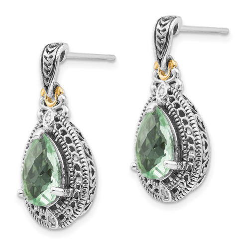 Shey Couture Sterling Silver with 14K Accent Antiqued 0.02ct Diamond and Pear Shaped Green Quartz Post Dangle Earrings, 25 mm - View 2