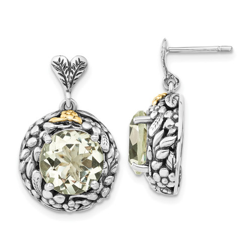 Sterling Silver with 14K Polished & Antiqued Green Quartz Post Dangle Earrings, 24.5 mm
