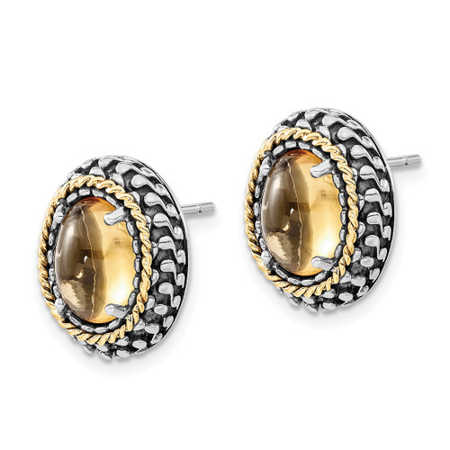 Sterling Silver with 14K Polished & Antiqued Oval Citrine Stud Earrings, 16.2 mm - View 2