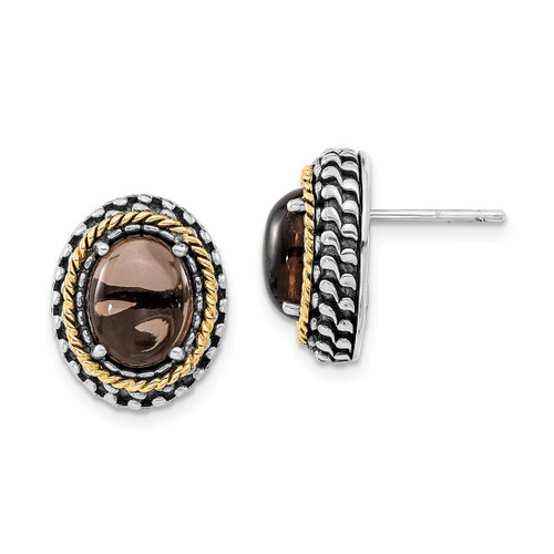 Sterling Silver with 14K Polished & Antiqued Oval Smoky Quartz Stud Earrings, 16.2 mm
