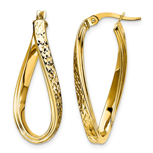 14K Yellow Gold Polished and Diamond-Cut Twisted Oval Hoop Earrings