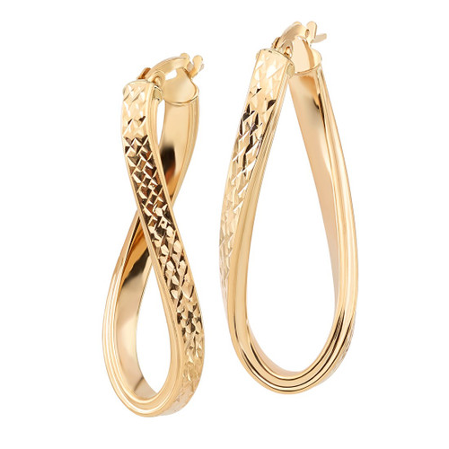 14K Yellow Gold Polished and Diamond-Cut Twisted Oval Hoop Earrings - View 2