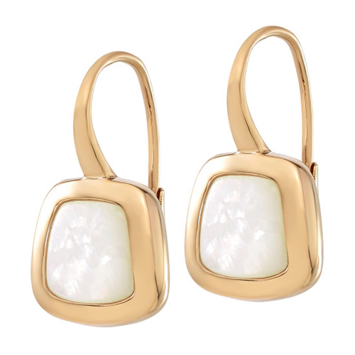 14K Yellow Gold Polished Square Mother of Pearl Leverback Drop Earrings - View 2