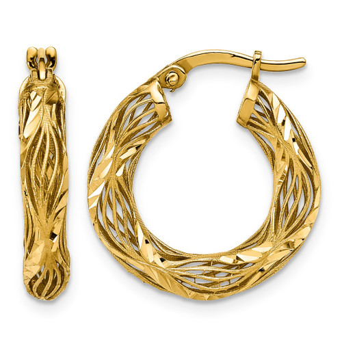 14K Yellow Gold Polished and Diamond-Cut Fancy Design Circle Hoop Earrings