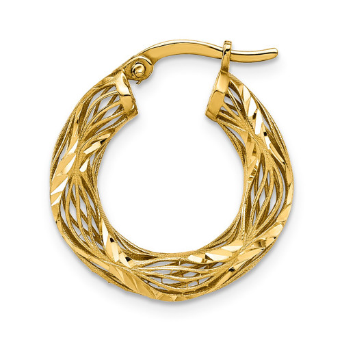 14K Yellow Gold Polished and Diamond-Cut Fancy Design Circle Hoop Earrings - View 2