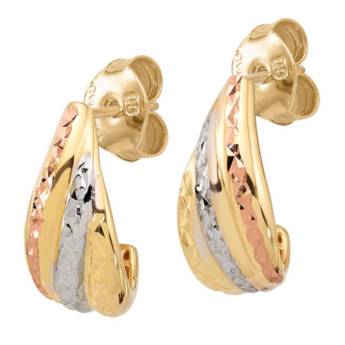 14K Yellow Gold With White and Rose Rhodium Polished and Diamond-Cut J Post Earrings - View 2