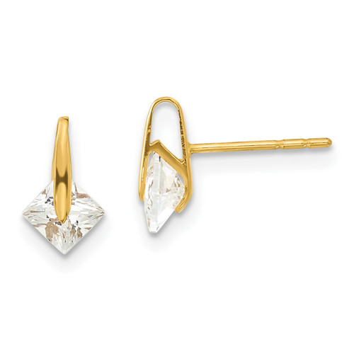 14K Yellow Gold Madi K Children'S Polished Square Cubic Zirconia Stud Earrings, 9 mm