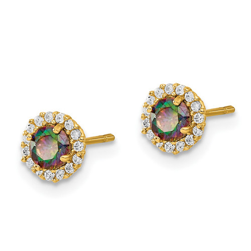 14K Yellow Gold Madi K 4 mm Round Mystic and Clear Cubic Zirconia Halo Stud Earrings, 6.5 mm Long - View 2