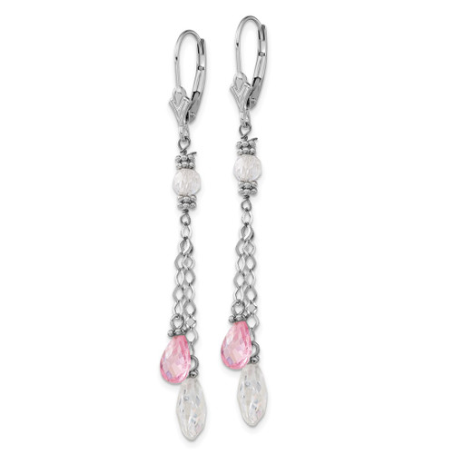 Rhodium-Plated 14K White Gold Polished Pink & Clear Teardrop Leverback Dangle Earrings, 55 mm - View 2