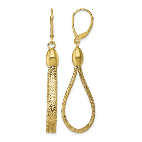 14K Yellow Gold Hollow Polished Flexible Mesh Teardrop Dangle Leverback Earrings, 58.12 mm