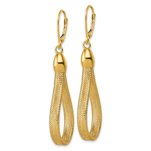 14K Yellow Gold Hollow Polished Flexible Mesh Teardrop Dangle Leverback Earrings, 58.12 mm - View 2