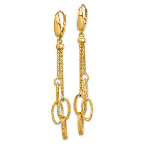14K Yellow Gold Hollow Polished and Textured Woven Chain and Oval Links Dangle Leverback Drop Earrings, 64.27 mm - View 2