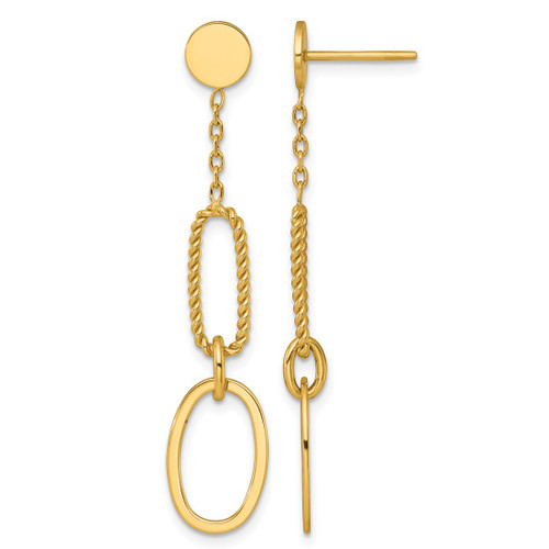 14K Yellow Gold Polished And Twisted Oval Link Dangle Earrings, 46 mm
