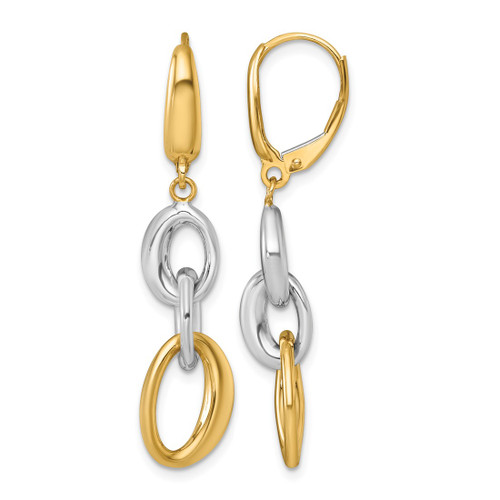 Rhodium-Plated 14K Two-Tone Gold Hollow Polished Fancy Oval Link Dangle Leverback Drop Earrings, 43 mm