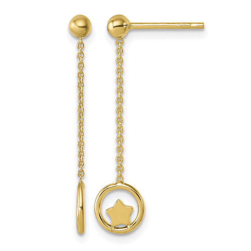 14K Yellow Gold Polished Star in Circle with Chain Dangle Earrings, 30 mm