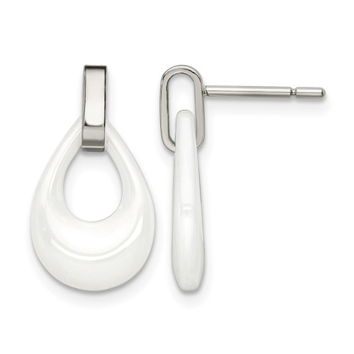 Chisel Stainless Steel Polished with White Ceramic Post Dangle Earrings