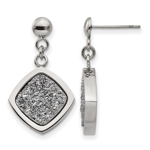 Stainless Steel Polished with Silver Druzy Post Dangle Earrings