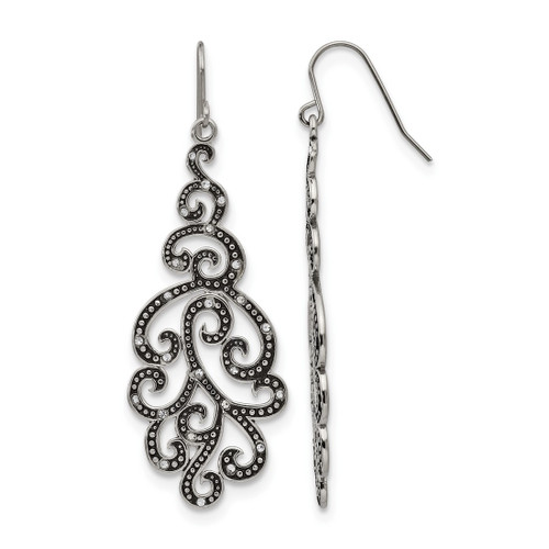 Chisel Stainless Steel Antiqued and Polished with Crystal Shepherd Hook Drop French Wire Earrings