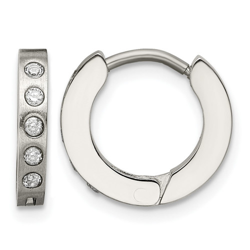 Chisel Stainless Steel Brushed and Polished with Cubic Zirconia 2 mm Hinged Hoop Earrings, 13 mm Long